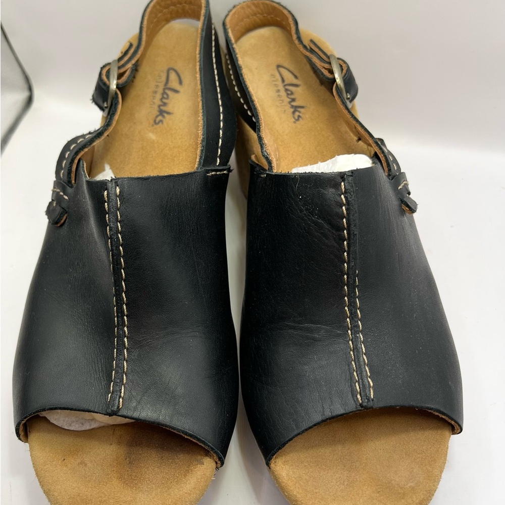 Clarks Black Leather Slingback Platform Sandals